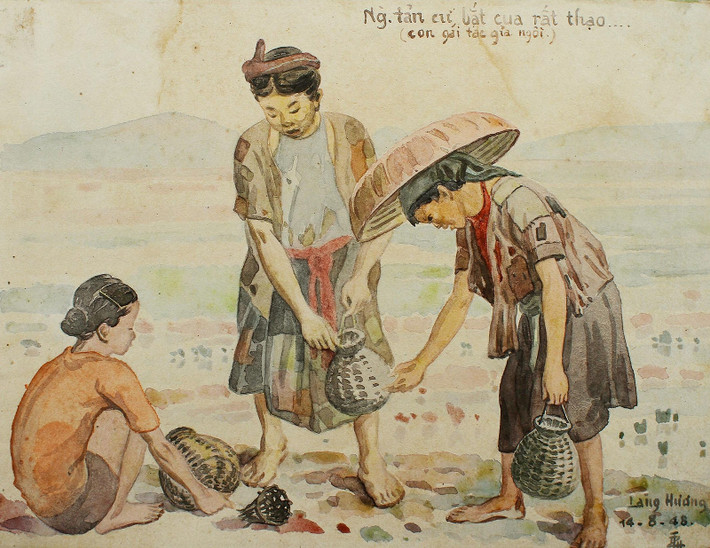 "Người tản cư bắt cua rất thạo", tranh màu nước của họa sĩ Thang Trần Phềnh, vẽ năm 1948. Thang Trần Phềnh (1895-1972) là một họa sĩ có tiếng của Việt Nam cuối thế kỷ 19 và trong thế kỷ 20.