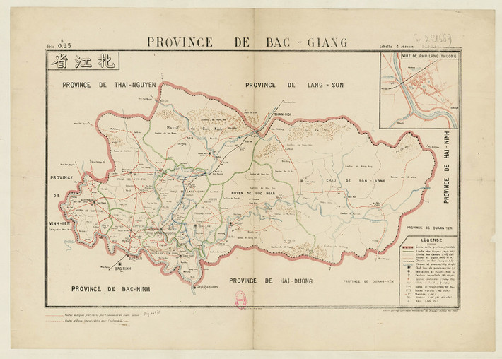 Bản đồ tỉnh Bắc Giang năm 1910. Thị xã Phủ Lạng Thương nằm ở góc dưới bên trái.