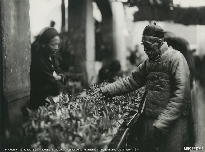 Người bán hoa thủy tiên ở chợ Đồng Xuân Hà Nội, Tết năm 1929.