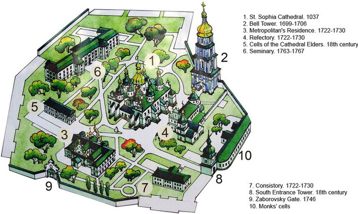Xung quanh nhà thờ Thánh Sophia là nhiều công trình khác như tháp chuông, nhà ăn, nhà của các trưởng lão, tu sĩ…