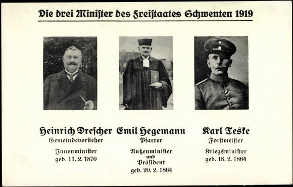 Ngày 6/1/1919, mục sư Emil Hegemann của làng Schwenton, một ngôi làng nhỏ nằm trong lãnh thổ Ba Lan, sát biên giới Đức với dân số phần lớn là người Đức đã tuyên bố thành lập nhà nước độc lập Freistaat Schwenten. Thể chế này đã tồn tại 218 ngày trước khi được sáp nhập vào nước Đức.