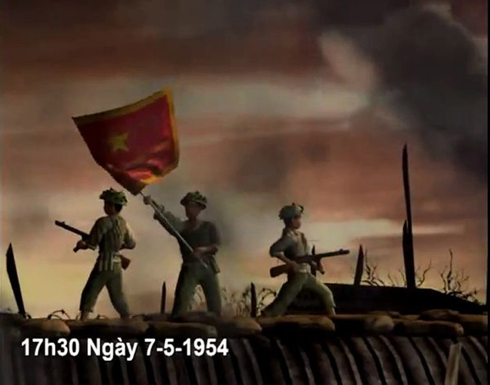 7/5/1954, lá cờ Quyết chiến Quyết thắng tung bay trên cao điểm A1, báo hiệu sự toàn thắng của chiến dịch Điện Biên Phủ.