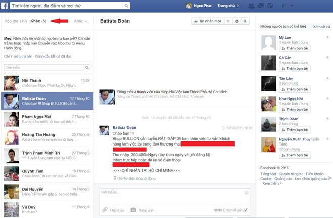 Như vậy bạn đã cài đặt xong, các tin nhắn rác Facebook từ người lạ sẽ được chuyển sang hộp thư Khác, tách biệt với tin nhắn của bạn bè.