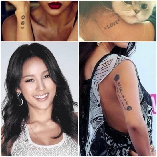 Lee Hyori cũng là một trong những mỹ nhân có nhiều hình xăm ở Kpop. Bên cạnh một số hình xăm nho nhỏ nằm trên cổ tay, nữ ca sĩ có một hình xăm lớn nhất trên mặt sau của cánh tay phải là Walk lightly in the spring, mother earth is pregnant. Ngoài ra cô còn có một chữ LOVE đằng sau gáy.