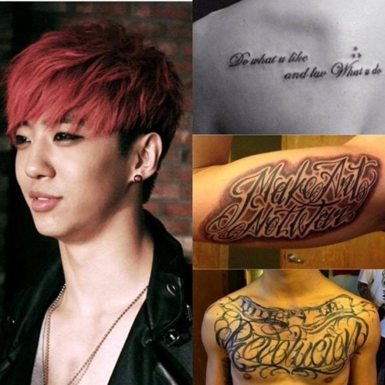 Bang Yong Guk có rất nhiều hình xăm trên cơ thể nhưng lớn nhất vẫn là hình chữ Revolucion trước ngực. Trên cánh tay trái của anh là dòng chữ Make art, not war. Còn đằng sau lưng là câu nói nổi tiếng Do what u like and luv what u do.