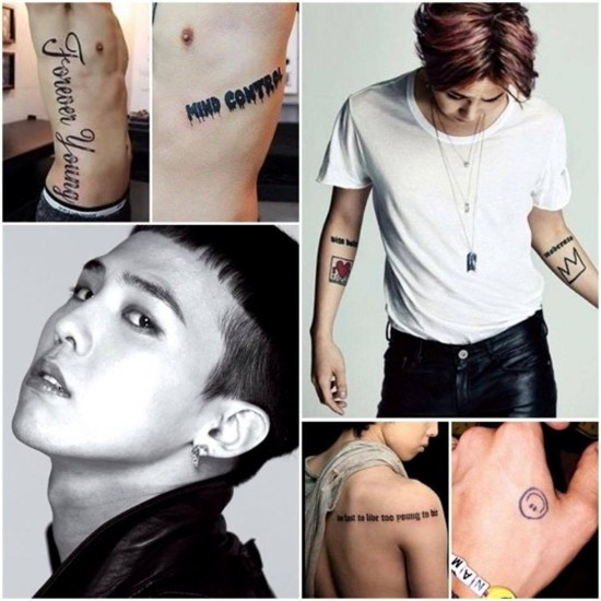 Có thể nói G-Dragon chính là nghệ sĩ sở hữu nhiều hình xăm nhất ở Kpop. Đằng sau lưng của anh là dòng chữ too fast to live too young to die. Hai cánh tay của thũ lĩnh nhóm nhạc Big Bang cũng có nhiều hình xăm lớn nhỏ khác nhau như hình mặt cười, trái tim, vương miện... Ngoài ra anh còn hai hình xăm nữa mà chỉ khi nào cởi áo phô diễn cơ thể mới để lộ ra là Mind Control và Forever young.