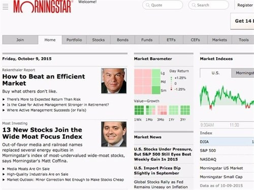 3. Morningstar. Morningstar là nơi mọi chuyện bắt đầu từ việc xếp hạng các quỹ tương hỗ và trang web giúp làm giàu này đã làm tốt vai trò. Bên cạnh việc có thể xem xét, đánh giá lại danh mục đầu tư của bạn và tìm ra các quỹ hàng đầu một cách nhanh chóng, trang web còn cung cấp những bản phân tích, mô tả chuyên sâu về tài chính cũng như các quỹ đầu tư. Ngoài ra, bạn còn có thể tiếp cận tin tức, các bài giảng và tham gia diễn đàn. Đây là một trang thông tin lý tưởng cho các nhà đầu tư mong muốn tìm hiểu về cổ phiếu, quỹ đầu tư…