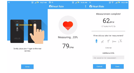 Đo nhịp tim ASUS Heart Rate. Đây là ứng dụng miễn phí từ ASUS cho người dùng điện thoại ZenFone và có sẵn trên Google Store. Để sử dụng, bạn đưa ngón trỏ che kín camera sau và nhấn biểu tượng nhịp tim. Kết quả sẽ hiển thị sau vài giây. Bạn có thể kết nối, tải trực tiếp kết quả này lên Google Fit để đồng bộ với kế hoạch quản lý sức khỏe.