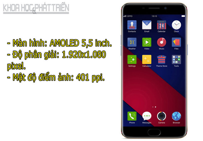 Màn hình của Oppo F1 Plus phiên bản Barcelona được bảo vệ bằng kính cường lực Corning Gorilla Glass 4 vát cong 2,5D.