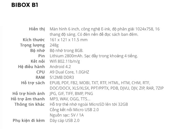 Thông số kỹ thuật của Bibox B1. Chiếc máy đang cho đặt hàng online với giá 2,9 triệu đồng.