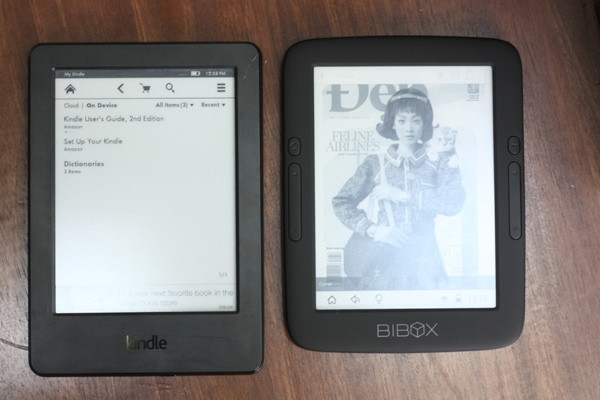 Cùng kích thước màn hình 6 inch, Bibox B1 khá gọn gàng và thiết kế đẹp, nhìn cao cấp hơn Kindle bản 2014. Hiện tại người dùng có thể cài kho sách Aleezza lên Bibox B1 để đọc sách bản quyền và tạp chí tiếng Việt. Trong thời gian ngắn sắp tới kho sách Aleeza sẽ được cài sẵn trên Bibox, là bản được tối ưu cho màn hình e-ink của Bibox B1.