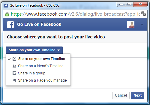 Ứng dụng hiện tại hỗ trợ live video trên trang Facebook cá nhân, nhóm cộng đồng hoặc fanpage.