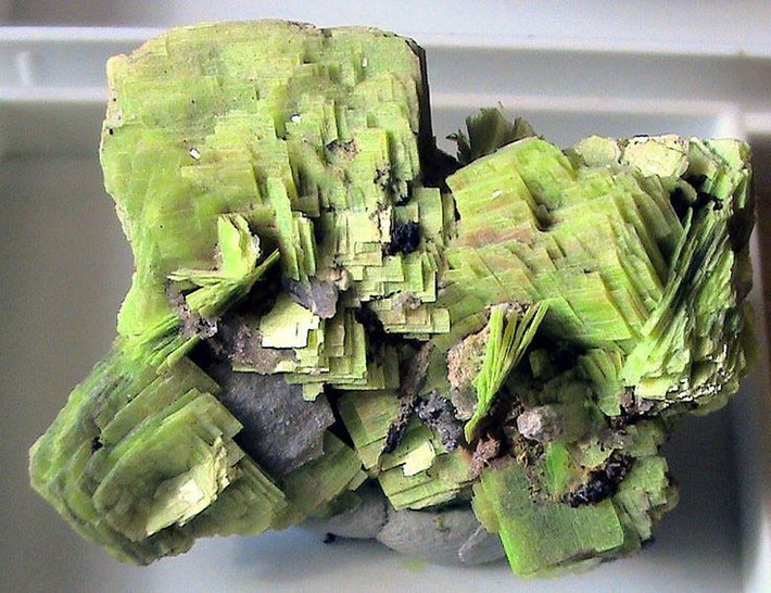 5. Có cấu trúc dạng phiến mỏng dễ vỡ. Autunite kết tinh thành các lớp mỏng dạng phiến, giúp nó có vẻ ngoài óng ánh đặc biệt. Tuy nhiên, đặc điểm này cũng khiến nó dễ vỡ và khó bảo quản. Ảnh: Pinterest.