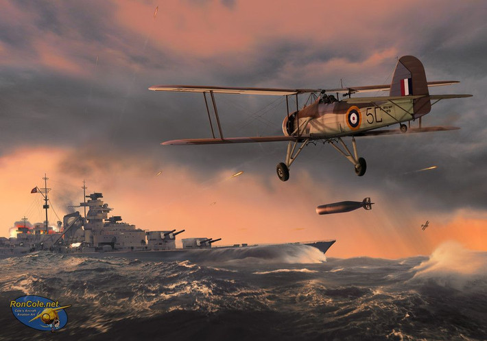Bismarck đã bị những máy bay ném ngư lôi Swordfish xuất phát từ tàu sân bay Ark Royal của Anh tấn công. Một quả ngư lôi đánh trúng làm cho bánh lái của nó không còn điều khiển được.
