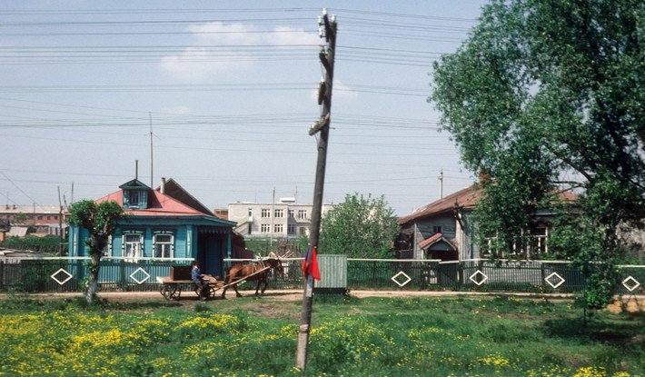 Cỗ xe ngựa đi qua con đường vắng.