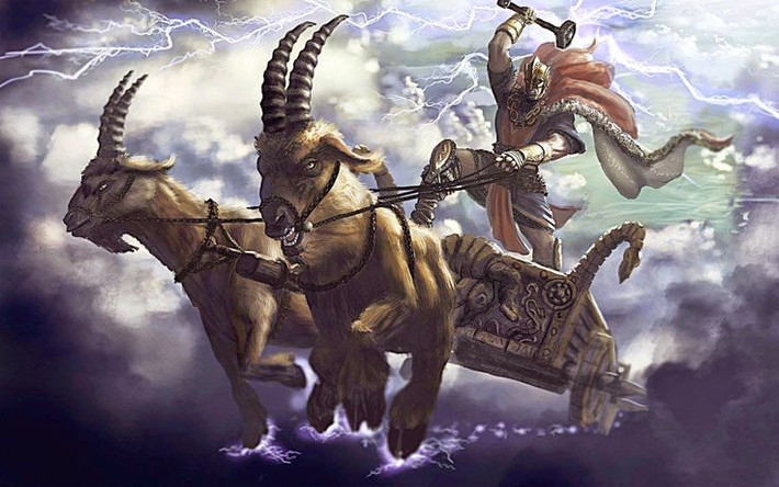 5. Có một cỗ xe được kéo bởi dê thần. Thor di chuyển bằng một cỗ xe kéo bởi hai con dê thần Tanngrisnir và Tanngnjóstr. Điều thú vị là nếu ông giết và ăn thịt chúng, chỉ cần giữ lại xương, ông có thể dùng Mjölnir để hồi sinh chúng vào ngày hôm sau. Ảnh: Pinterest.