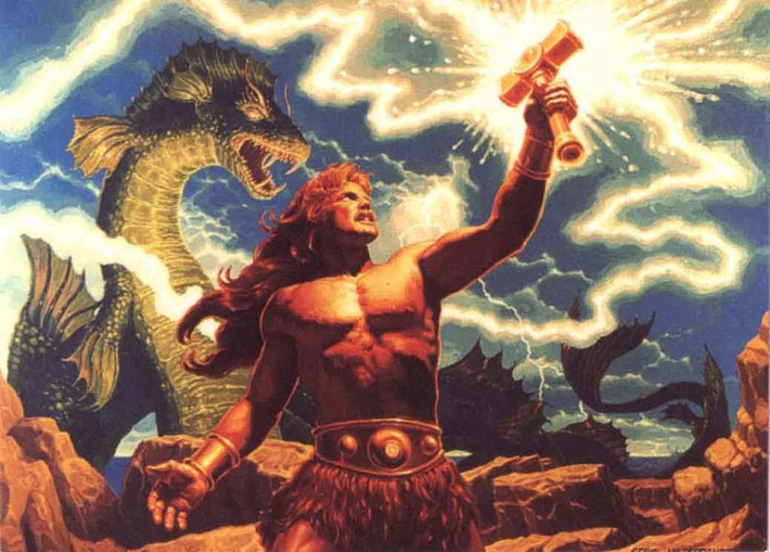 2. Vũ khí chính của Thor là búa Mjölnir. Mjölnir là một trong những vũ khí quyền năng nhất trong thần thoại Bắc Âu. Nó có thể triệu hồi sấm sét, phá hủy mọi thứ và luôn quay trở lại tay Thor sau khi được ném đi. Ảnh: Pinterest.