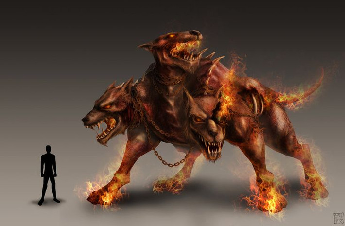 4. Nó là con của hai quái vật đáng sợ. Cerberus là con của Typhon và Echidna – hai sinh vật quái vật hùng mạnh trong thần thoại Hy Lạp. Cha nó, Typhon, là một con quái vật khổng lồ với hàng trăm cái đầu rắn, còn mẹ nó, Echidna, là nửa người nửa rắn. Ảnh: Pinterest.