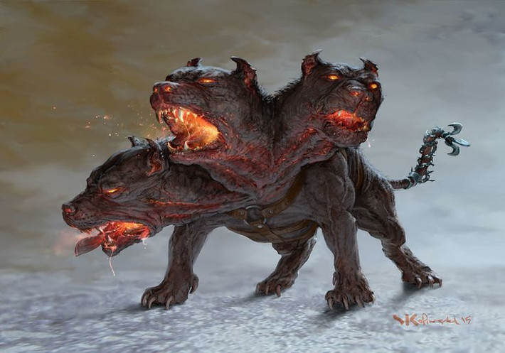5. Cerberus có bộ lông đầy rắn. Trong một số phiên bản thần thoại, bộ lông của Cerberus không chỉ đơn thuần là lông chó mà còn được tạo thành từ những con rắn. Đuôi của nó cũng có thể là một con rắn lớn thay vì đuôi thông thường. Ảnh: Pinterest.