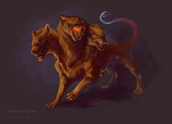 1. Cerberus là chó canh giữ cổng địa ngục. Theo thần thoại Hy Lạp, Cerberus là con chó ba đầu khổng lồ canh giữ cổng vào địa ngục. Nó ngăn cản người sống bước vào và không cho linh hồn người chết trốn thoát. Ảnh: Pinterest.