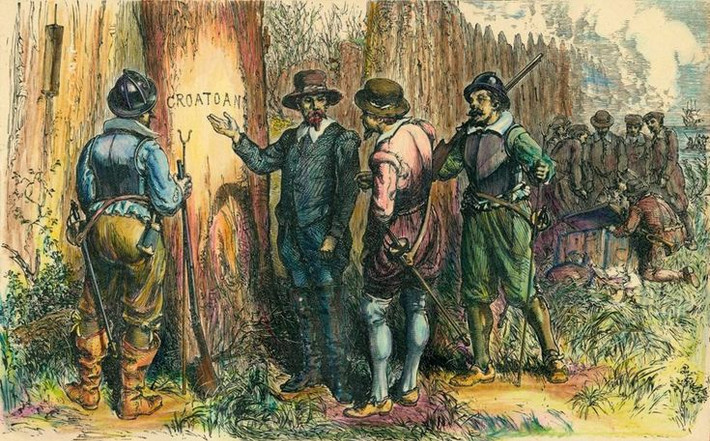 4. Manh mối duy nhất là chữ "CROATOAN". Trên một thân cây gần đó, White tìm thấy từ "CROATOAN" được khắc vào gỗ, nhưng không có bất kỳ dấu hiệu nào khác để giải thích ý nghĩa của nó. Ảnh: Pinterest.