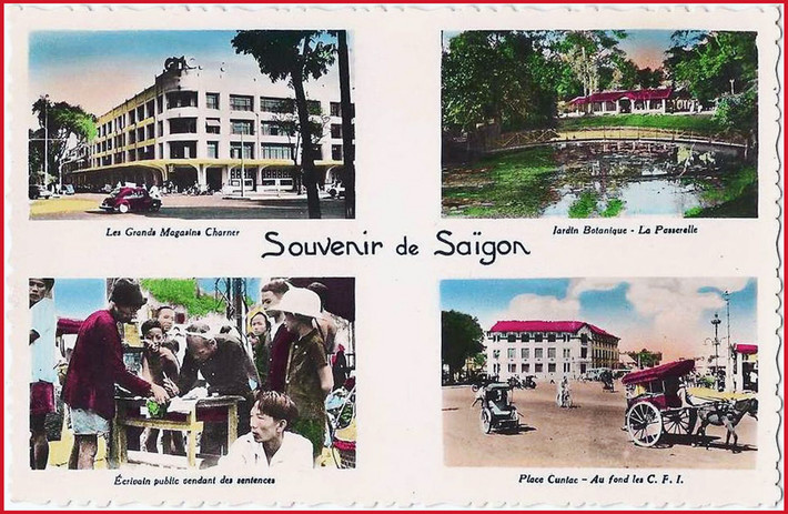 Từ trái sang phải, từ trên xuống dưới: 1- Tòa nhà Grands Magasins Charnes (Thương xá Tax sau này). 2 – Cầu trong Thảo Cầm Viên. 3 – Ông đồ bán chữ trên phố. 4 – Tòa nhà Cuniac cạnh chợ Bến Thành (nay là trụ sở của Công ty vận tải đường sắt Sài Gòn). Ảnh: Public Domain.