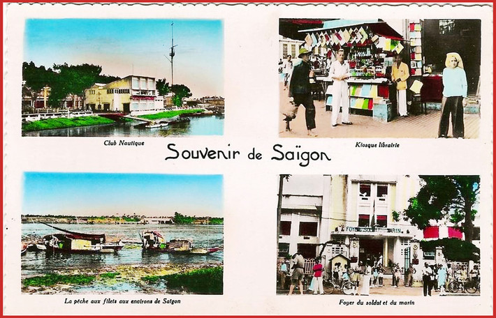 Từ trái sang phải, từ trên xuống dưới: 1 – Câu lạc bộ Hàng hải. 2 – Quầy sách báo. 3 – Nghề chài lưới trên sông Sài Gòn. 4 – Nơi đồn trú của binh lính và thủy thủ Pháp. Ảnh: Public Domain.