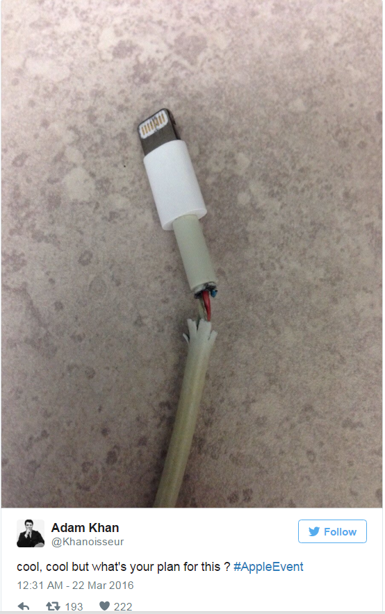 Một người dùng có tên Adam Khancho rằng khắc phục dây cáp dễ hư mới là điều Apple cần làm.