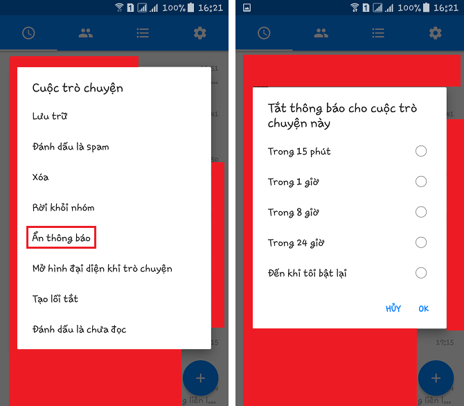 7. Tắt tiếng cuộc trò chuyện Nếu đang nhắn tin vào ban đêm hoặc không muốn nhận thông báo cho tin nhắn đến từ một ai đó, bạn có thể tắt thông báo bằng cách nhấn giữ vào cuộc hội thoại đó, chọn Ẩn thông báo rồi thiết lập thời gian mà thông báo cho cuộc hội thoại đó được bật lại.