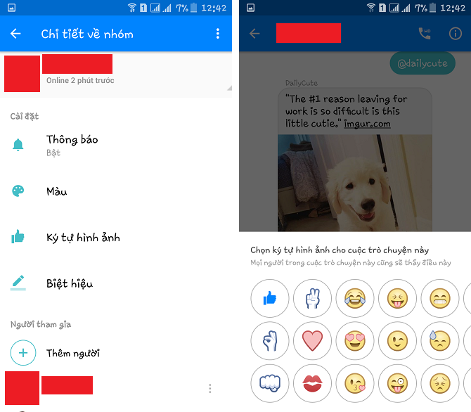 6. Thay đổi biểu tượng cảm xúc Nếu không thích biểu tượng Like mặc định của cuộc trò chuyện, bạn có thể thay đổi nó bằng cách vào phần Thông tin -> Ký tự hình ảnh, rồi lựa chọn bất kỳ biểu tượng nào mà bạn thích. Biểu tượng mới chọn sẽ thay thế vị trí của nút Like, và bạn cũng có thể nhấn giữ vào biểu tượng để "bơm" kích thước cho nó to lên trước khi gửi.