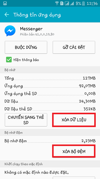 4. Xóa toàn bộ các cuộc trò chuyện Vì một lý do nào đó mà không muốn các cuộc trò chuyện xuất hiện trên điện thoại nữa, bạn có thể xóa bỏ chúng bằng cách vào phần cài đặt ứng dụng trên điện thoại, chọn Messenger rồi lần lượt chọn Xóa dữ liệu và Xóa bộ đệm. Nếu đã đăng xuất từ trước, bạn sẽ phải thiết lập lại từ đầu cho Messenger như khi mới cài ứng dụng vào máy.