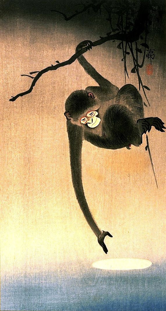 "Khỉ và trăng", tranh của Ohara Koson.