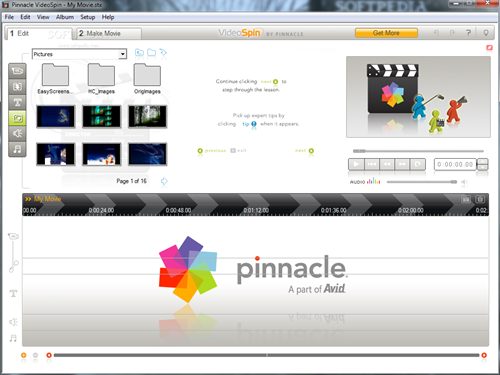 9. Pinnacle VideoSpin. VideoSpin là tiện ích miễn phí do hãng Pinnacle danh tiếng trong ngành biên tập video phát triển. Dù có thể không so sánh được với các phần mềm chuyên dụng phức tạp khác, nhưng nói chung Pinnacle VideoSpin cung cấp các tác vụ chỉnh sửa cơ bản nhất và khả năng trích xuất phim để sử dụng trực tuyến. Ứng dụng cung cấp nhiều hiệu ứng chuyển cảnh cùng vài hiệu ứng âm thanh và bạn có thể dùng tập tin âm thanh riêng để làm nhạc nền.