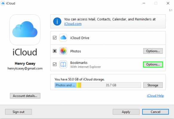 Làm thế nào để cấu hình Bookmarks trong iCloud trên Windows. 1. Bấm vào nút Change bên cạnh Bookmarks, trừ khi bạn sử dụng trình duyệt IE