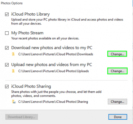 2. Chọn Change để chuyển thư mục iCloud sử dụng để lưu các bức ảnh của bạn