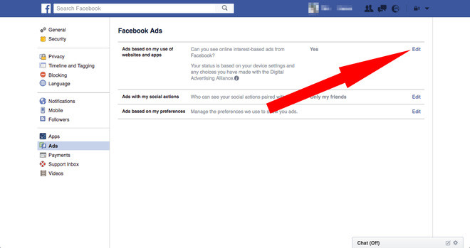 4. Ở mỗi mục của phần Ads, click vào nút "edit" - chỉnh sửa