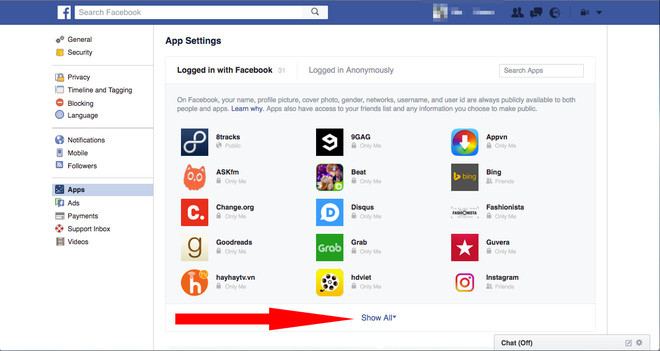 10. Danh sách những ứng dụng theo dõi bạn trên Facebook sẽ khá là "sốc". Click vào phần "show all" - "hiển thị tất cả" để thấy được toàn bộ danh sách này.