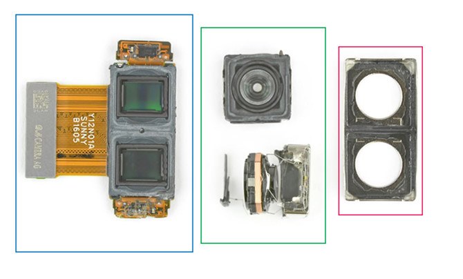 Cận cảnh các thành phần quan trọng trên cụm camera 2 ống kính của P9. Những linh kiện này do Sunny Optical sản xuất với sự "chứng thực từ phía Leica''. Trong khung màu tím than là cụm 2 cảm biến hình ảnh với chức năng xử lý màu khác nhau bao gồm màu bình thường và màu trắng đen. Khung màu xanh lá cây là ống kính (lens), màu đỏ là khung đỡ camera. Đây là các linh kiện đắt giá và giúp Huawei P9 trở nên khác biệt.