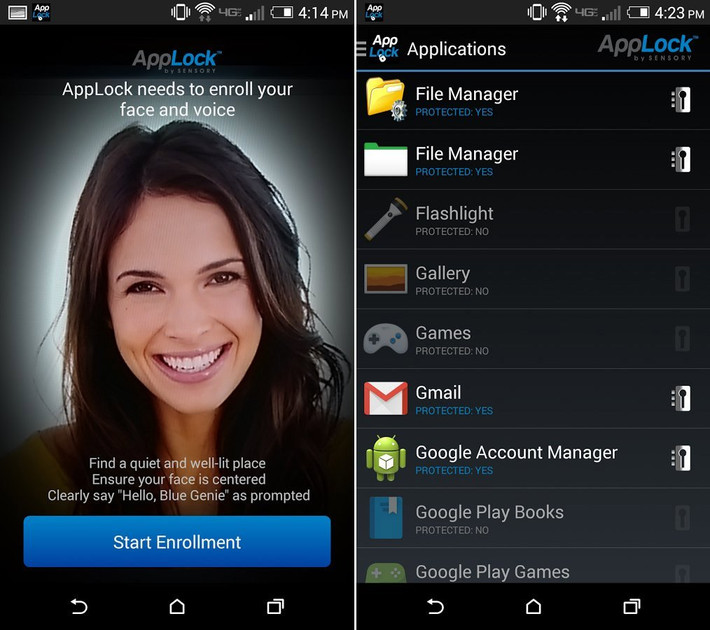 AppLock Face/Voice Recognition: mở khóa bằng mặt và giọng nói. AppLock Face/Voice Recognition là một app miễn phí được đánh giá là khá hay ho, cho phép người dùng sử dụng khuôn mặt và giọng nói để mở khóa điện thoại hoặc tiếp cận các app bị khóa trong đó. Bạn có thể quyết định những app nào khóa hoặc mở khóa bằng phương pháp này. Ứng dụng thậm chí còn cung cấp cả tính năng "động", đòi hỏi bạn phải cử động nét mặt để phòng ngừa có kẻ định "qua mặt" hệ thống bằng những bức ảnh.