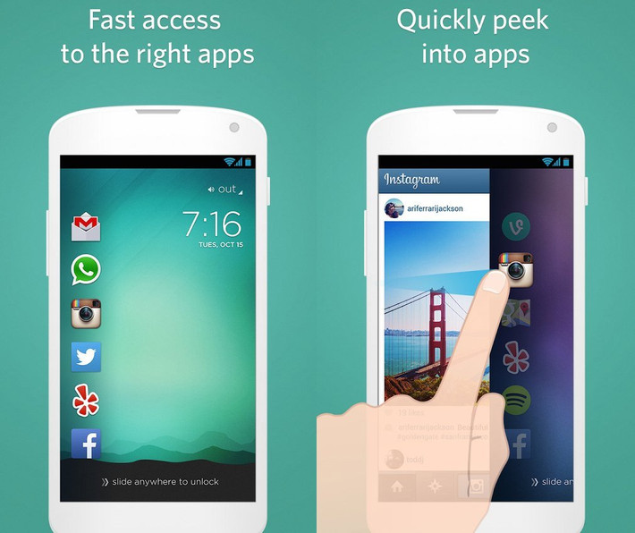 Cover: hiển thị app ưa thích lên màn hình khóa. Cover giúp người dùng loại bỏ những phiền phức trong việc tìm kiếm thứ mình muốn trong danh sách các app được bố trí ở nhiều trang trong điện thoại, bằng cách cho phép họ đưa các app ưa thích hiển thị trên màn hình khóa. App miễn phí này cũng nhận diện được việc người dùng đang ở nhà, đang làm việc hay đang lái xe và cho các app họ hay sử dụng nhất trong những khoảng thời gian đó hiển thị ngay trên màn hình khóa của điện thoại.