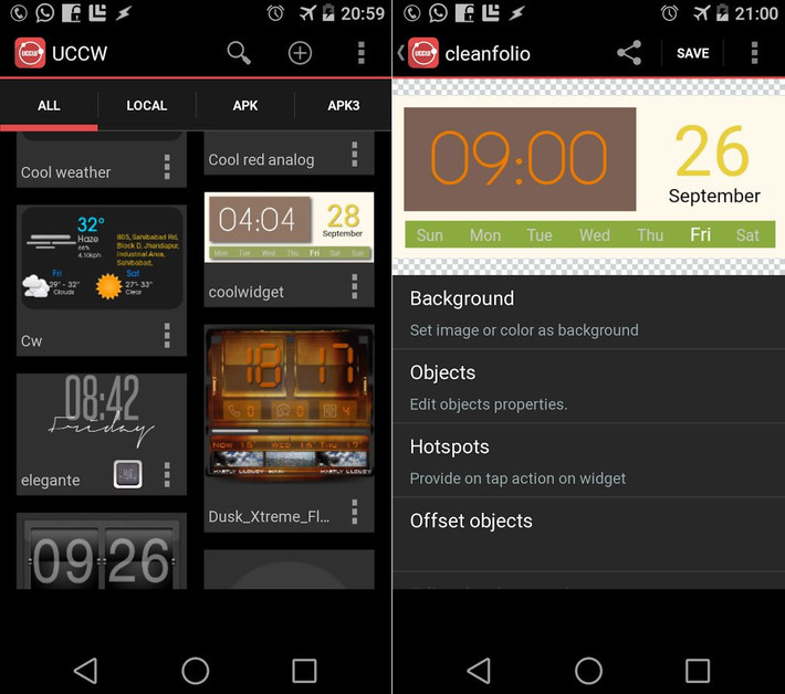 UCCW: tạo widget tùy biến. App miễn phí này cho phép người dùng thiết kế widget tùy ý cho màn hình chính của điện thoại. Điều này đồng nghĩa, bạn đơn giản chỉ cần chọn một trong số rất nhiều skin có sẵn cũng như cách hiển thị widget, với các lựa chọn về tin nhắn, hình ảnh, thời tiết, đồng hồ, lịch, thông tin về pin, cuộc gọi nhỡ, Gmail, ... theo ý thích.