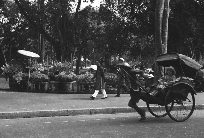 Một chiếc xe kéo chạy qua bờ hồ.