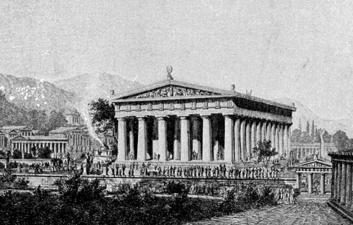 Lịch sử bức tượng gắn liền với đền thờ thần Zeus – vị thần tối cao trong văn hóa cổ Hy Lạp - ở Olympia. Ngôi đền được xây dựng vào khoảng năm 450 TCN. Khác với truyền thống, các kiến trúc sư đã làm cho công trình ấn tượng hơn bằng cách đặt vào bên trong một bức tượng khổng lồ.