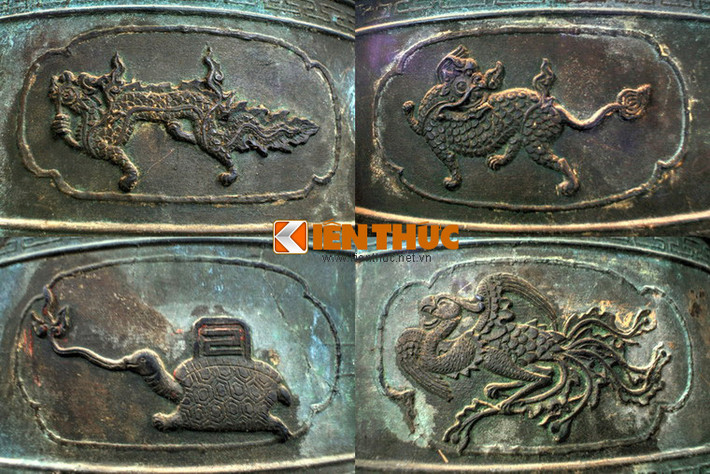 Gần miệng chuông là những hoạ tiết thể hiện bộ tứ linh Long, Lân, Quy, Phượng, nằm ở 4 phía khác nhau.