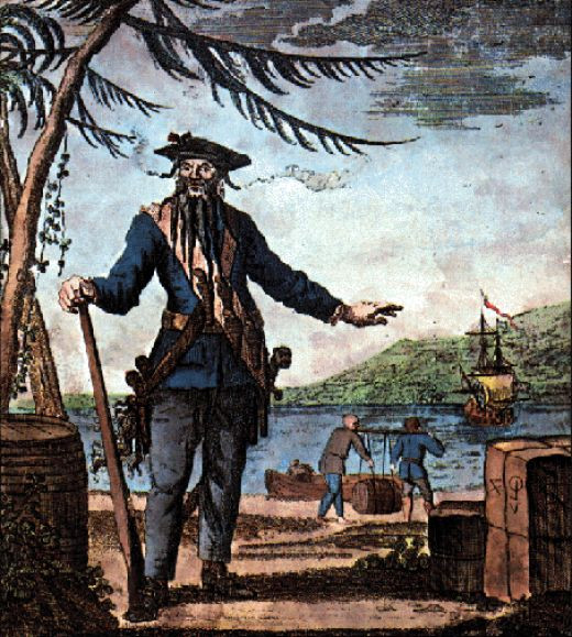 "Edward Teach "Râu Đen" (1680-1718) là tên cướp biển người Anh nổi tiếng về sự tàn bạo, sẵn sàng giết chết các tù nhân trên những con tàu hắn chiếm được. Ở đỉnh cao sự nghiệp, "Râu Đen" có 300 quân dưới quyền và đã từng đánh bại tàu chiến HMS "Scarborough". Trong một cuộc đụng độ ác liệt với hải quân Anh, hắn đã bị đánh bại và bắt sống. Sau đó, "Râu Đen" đã bị xử chém và bêu đầu để răn đe những tên cướp biển khác.