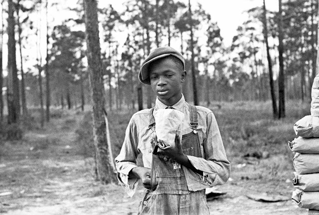 Cậu bé da màu bán quả hồ đào cho người qua đường ở gần thị trấn Alma, bang Georgia, 1937. Ảnh: Arthur Rothstein.