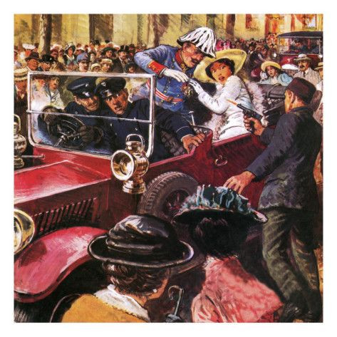 Và Gavrilo Princip, kẻ thuộc tổ chức Bàn tay đen đang ẩn nấp trong một quán cà phê khi hắn thấy chiếc xe chở vợ chồng Thái tử Áo - Hung - là một chiếc xe mui trần rất dễ nhận dạng - chạy đến.