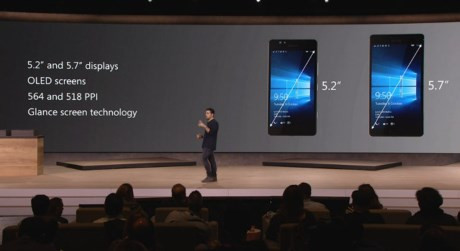 1: Microsoft vẫn gắn bó với màn hình OLED, nhưng đã tăng độ phân giải lên 1440 x 2560trên cả hai chiếc điện thoại: 5.2 "(Gorilla Glass 3) cho Lumia 950, và 5.7 "(GC 4) cho Lumia 950XL.