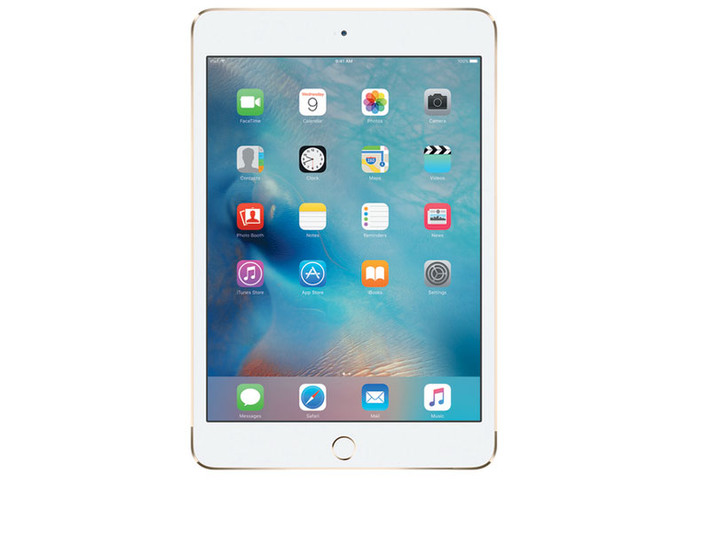iPad mini 4. iPad mini 4 là thành viên mới nhất trong “gia đình iPad Mini”, nó vừa được Apple trình làng hồi đầu tháng 9 vừa qua. Máy có màn hình 7,9 inch, độ phân giải 2.048x1.536 pixel, mật độ điểm ảnh 326 ppi. Kích thước của nó là 203,2x134,8x6,1mm, trọng lượng 295g. Thời lượng pin của nó đạt mức 10h.