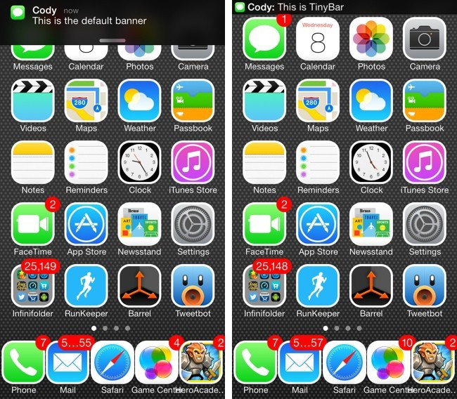 Nếu bạn khó chịu vì banner thông báo trên iOS chiếm quá nhiều diện tích màn hình, có thể cài TinyBar, tweak này khiến thông báo nhỏ lại ngang với dòng Status Bar trên cùng.